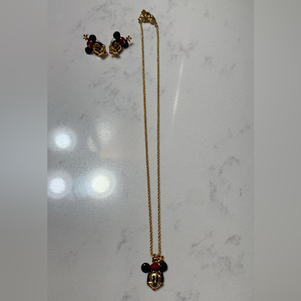 Vintage Disney Napier Minnie Mouse Gold Tone Earrings & Pendant Necklace set
